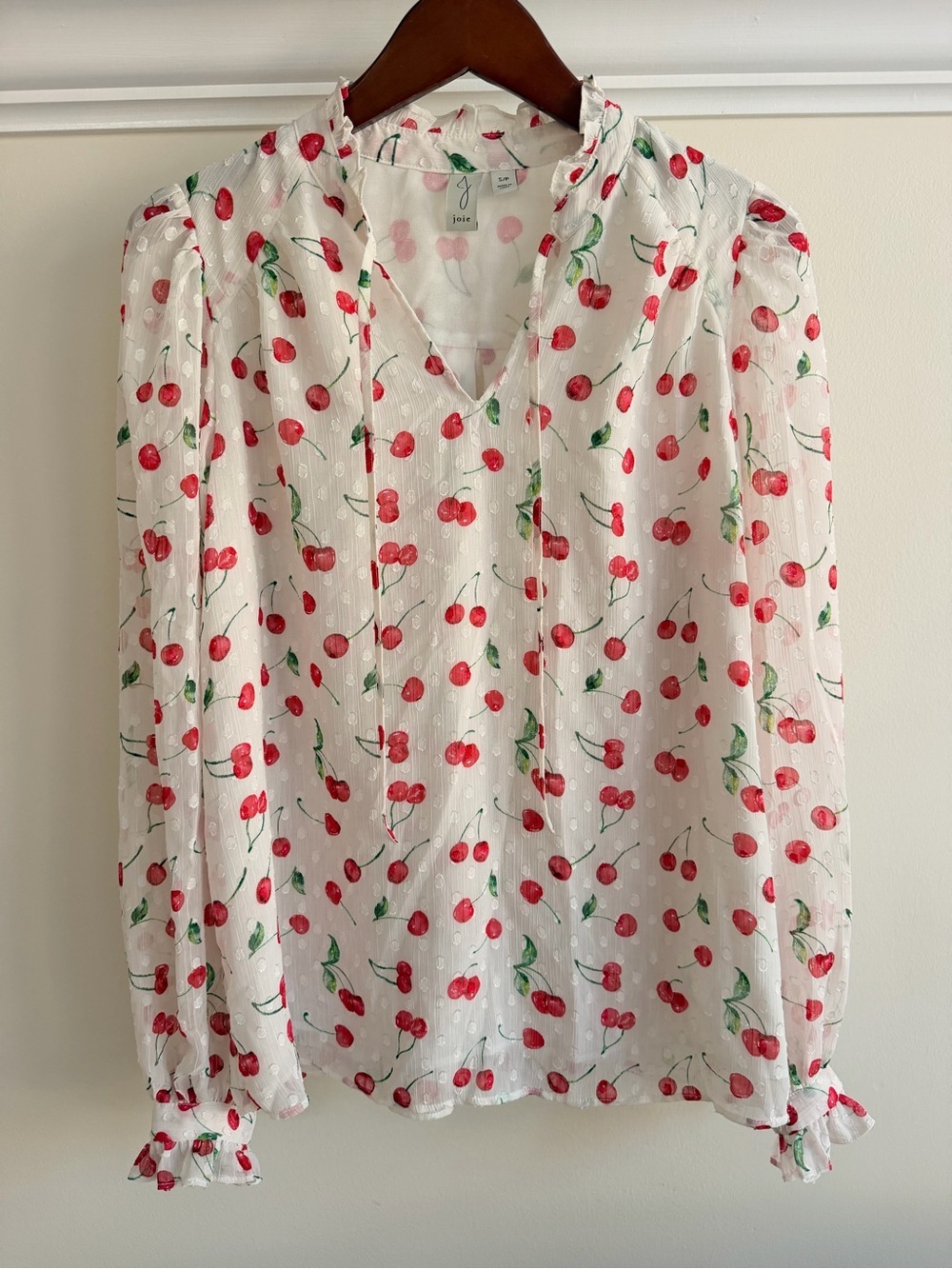 Joie White Cherry-Print Sheer Long-Sleeve Blouse